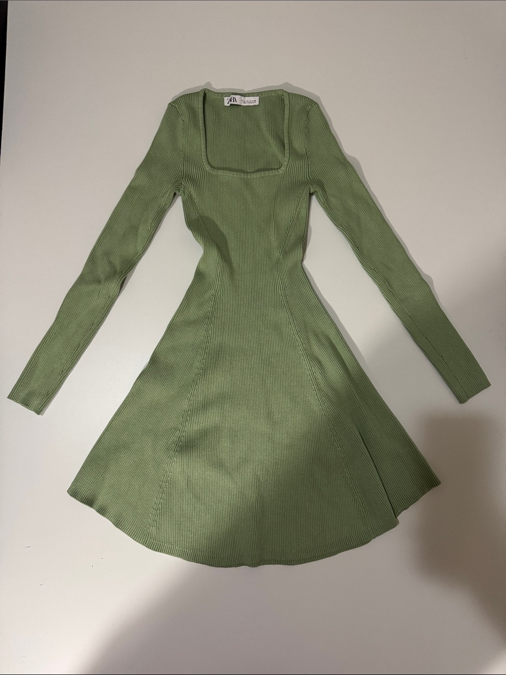 Zara Sage Green Ribbed Square-Neck Long Sleeve Dress